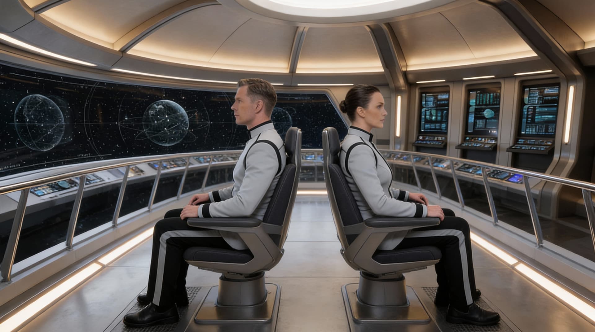AI generated: 
Create a Sci-Fi scene. Place the two characters in Reference image 2 in the two forward chairs on t...