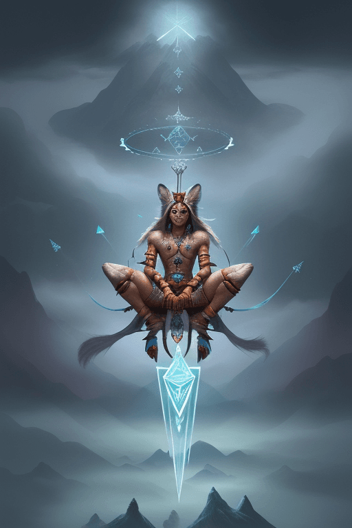 AI generated: Indian fox shaman, suspended mid-air, with elongated arms clutching a shattered sword and encircled ...