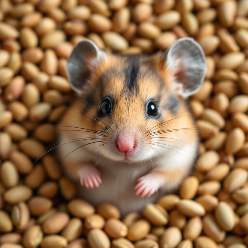 AI generated: The image depicts a small hamster lying on its back amidst a bed of pistachio nuts. The hamster has ...