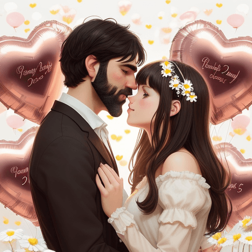 AI generated: illustration of a Valentine's Day, a couple kissing under heart-shaped balloons, surrounded by white...