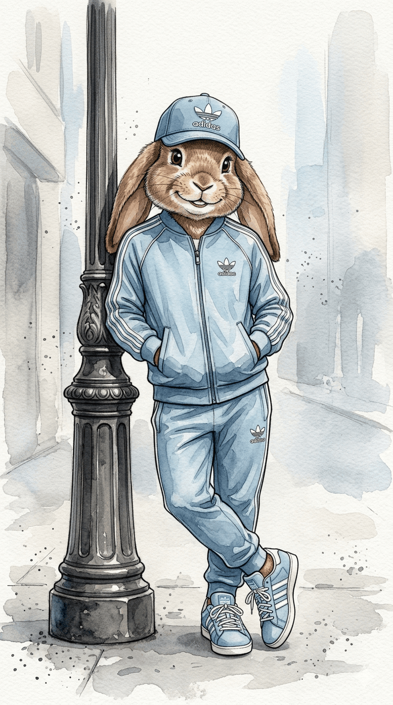 AI generated: Ultra-detailed watercolor streetwear pet illustration, full-body anthropomorphic rabbit character le...
