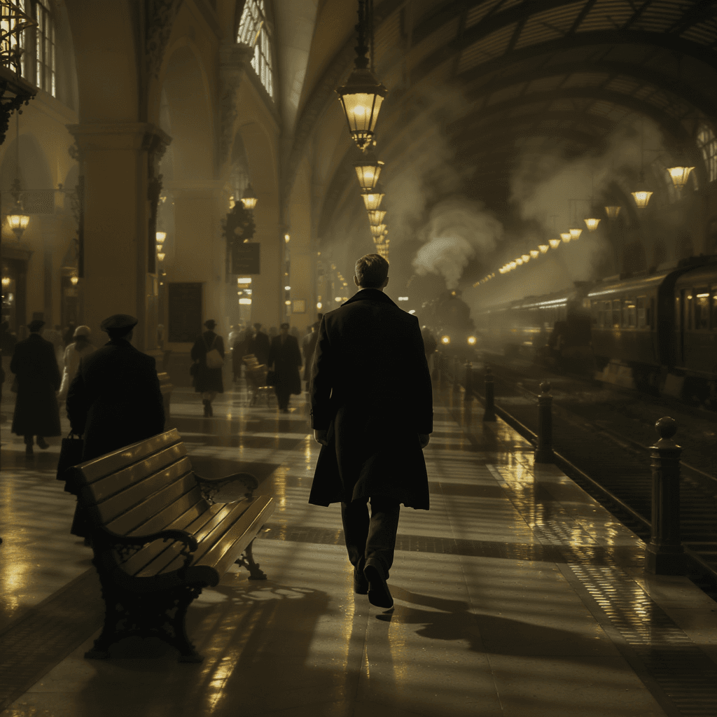 AI generated: Create a cinematic video from the input image of a character in a train station: The scene opens wit...