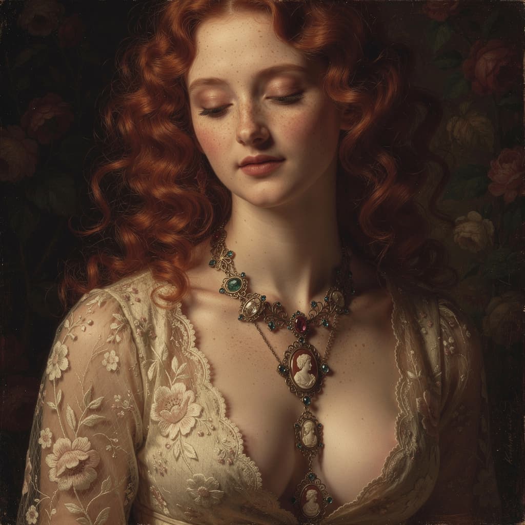 AI generated: A close-up portrait of a woman with curly red hair, eyes closed, and freckled skin, wearing a low-cu...