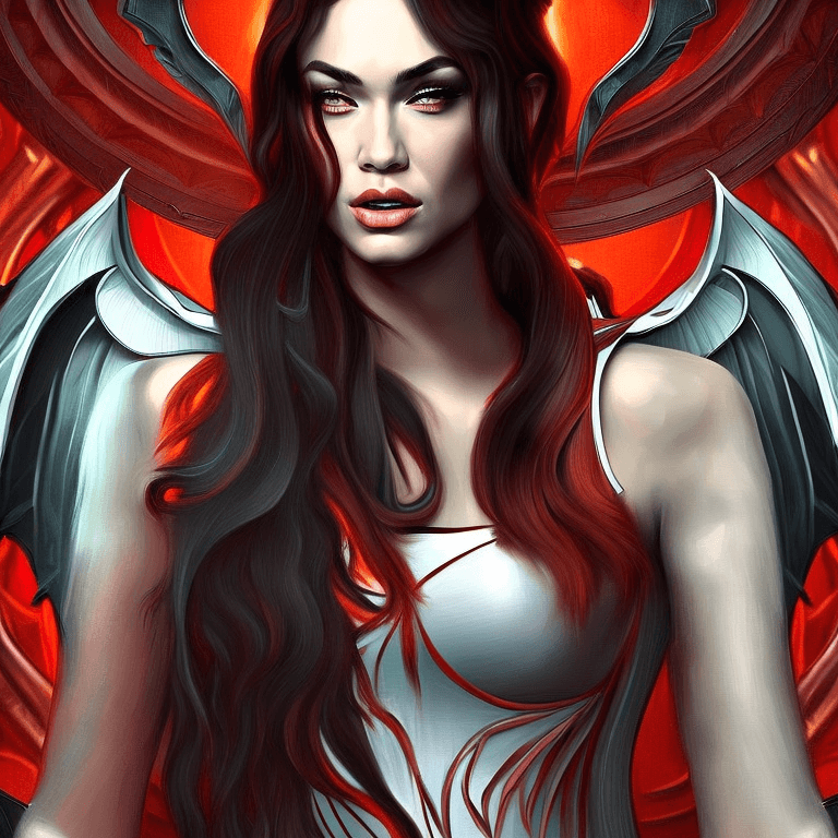 AI generated: portrait of megan fox as demon, red skin, batwings, hell, intricate, headshot, highly detailed, digi...