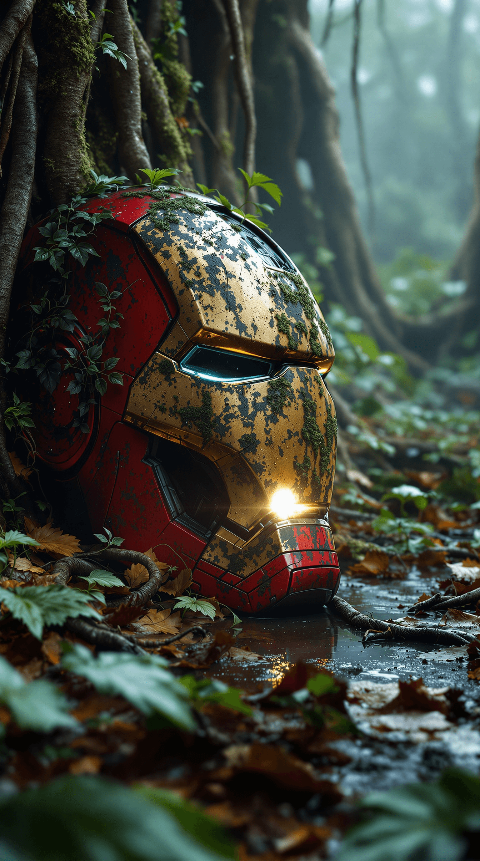 AI generated: A close-up of a heavily rusted Iron Man helmet lying abandoned on the ground in a dense, overgrown j...