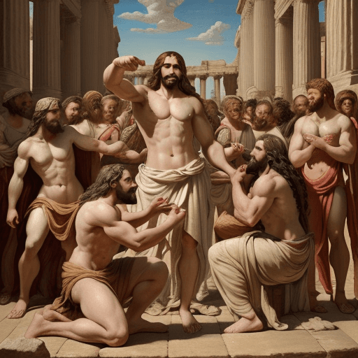 AI generated: A grand allegorical painting depicting a contest of miracles between Jesus and Hercules, set in an a...