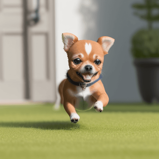 AI generated: draw a photo of a small dog in the interior, running on the grass and playing with mummy
