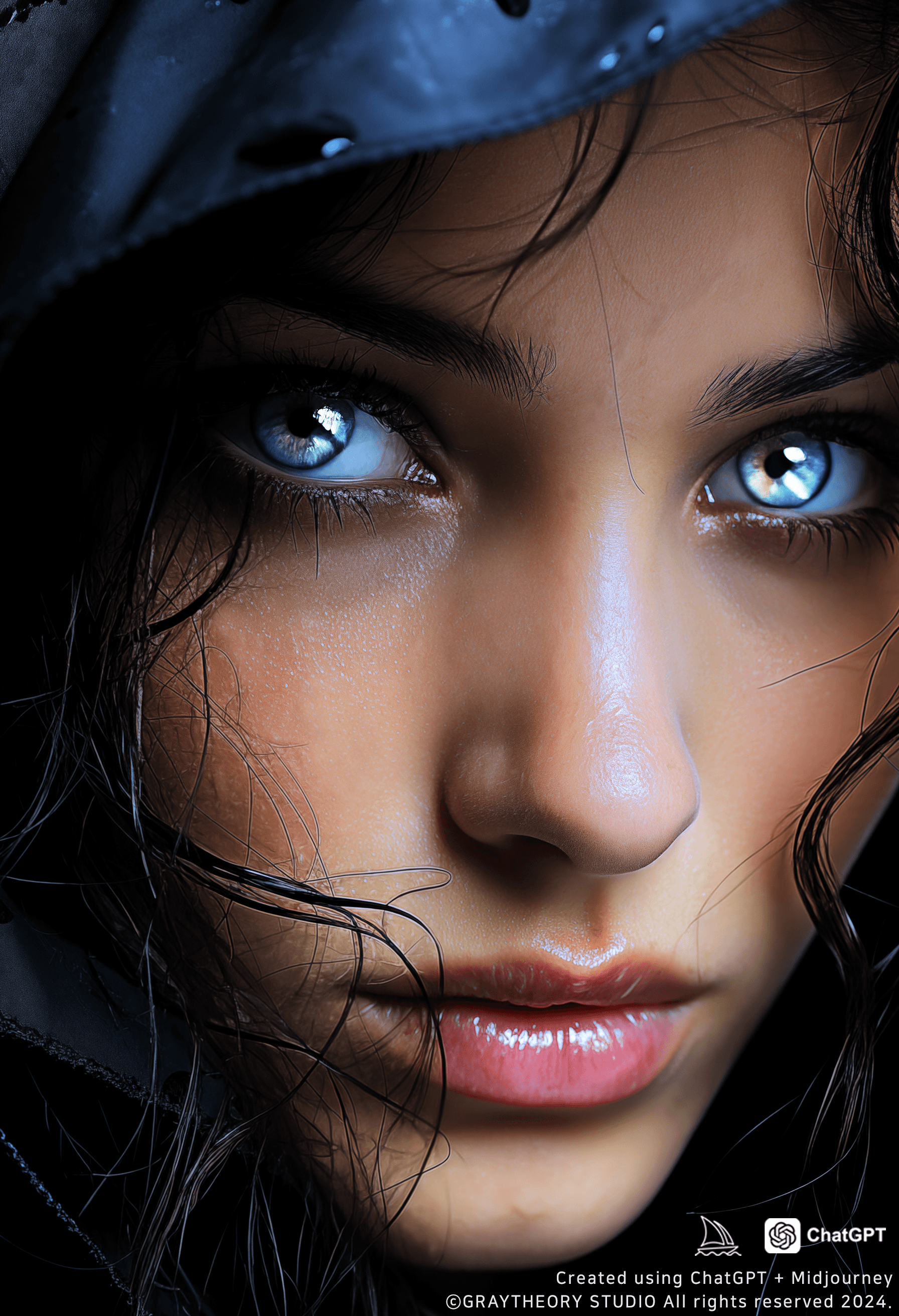 AI generated: Realistic, woman face, detail shot, profound gaze, photo realistic, background black --ar 1:2 --styl...