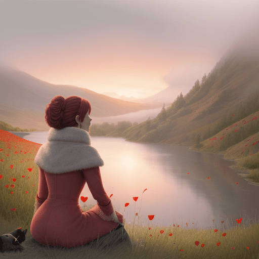 AI generated: Rear view of a lady dressed for winter sitting with her arm around her scruffy dog, both sitting loo...