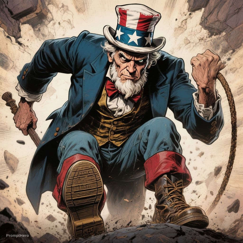AI generated: Comic-style illustration. Color comic, line art. Uncle Sam stands in a menacing pose, looking down f...
