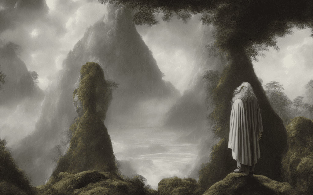 AI generated: Zarathustra looking up at the sky, wearing gray tunic, long gray beard, long gray hair, soft backlig...