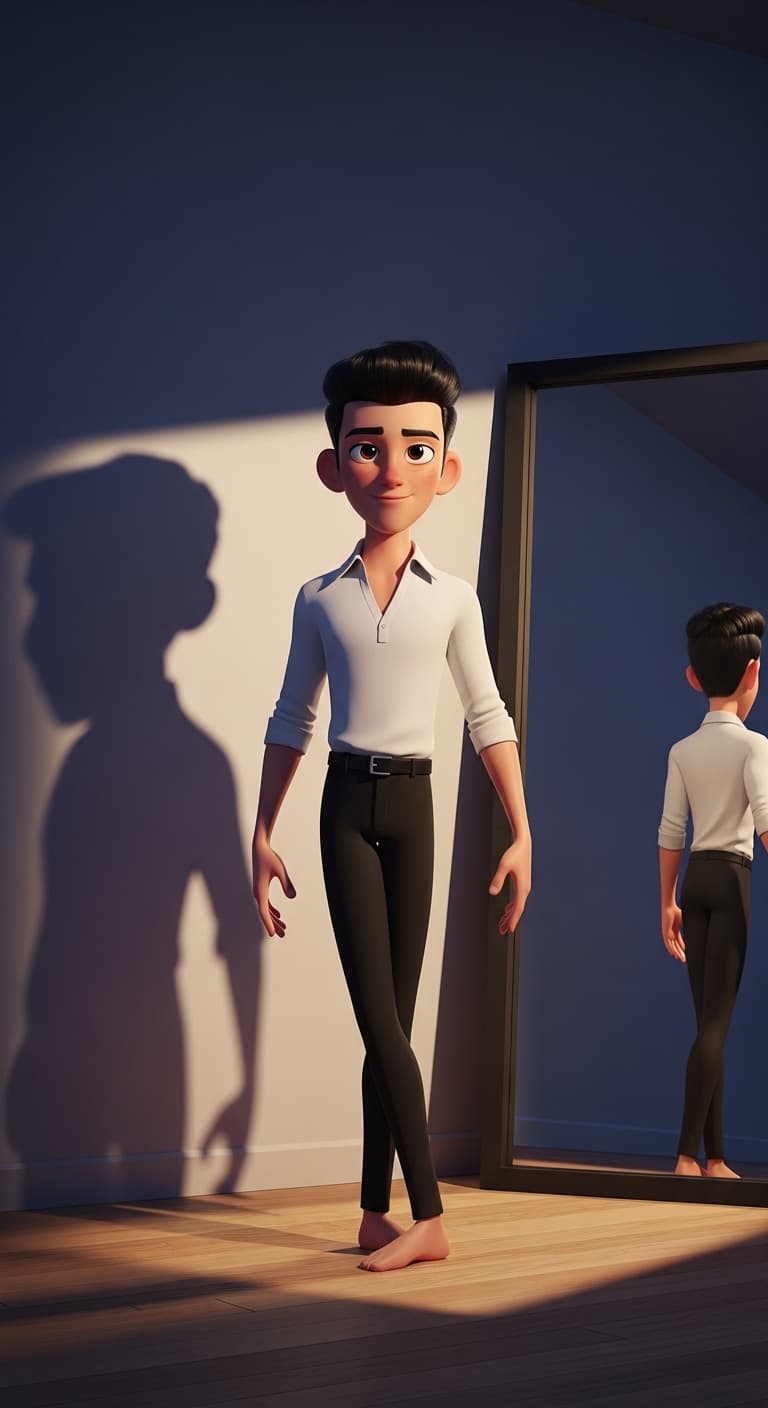 AI generated: A young elegant male dancer in 3D cartoon Pixar style with short black hair, wearing white shirt and...