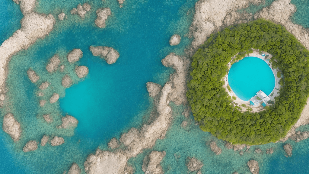 AI generated: satellite or bird's eye view high up looking down of a simple circular island. you can see the entir...