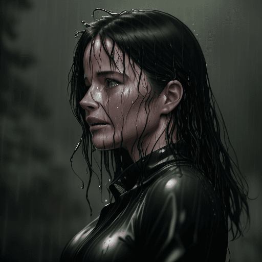 AI generated: ((dark)) view from the right side profil of the  green monochrome portrait of  a very very wet sophi...