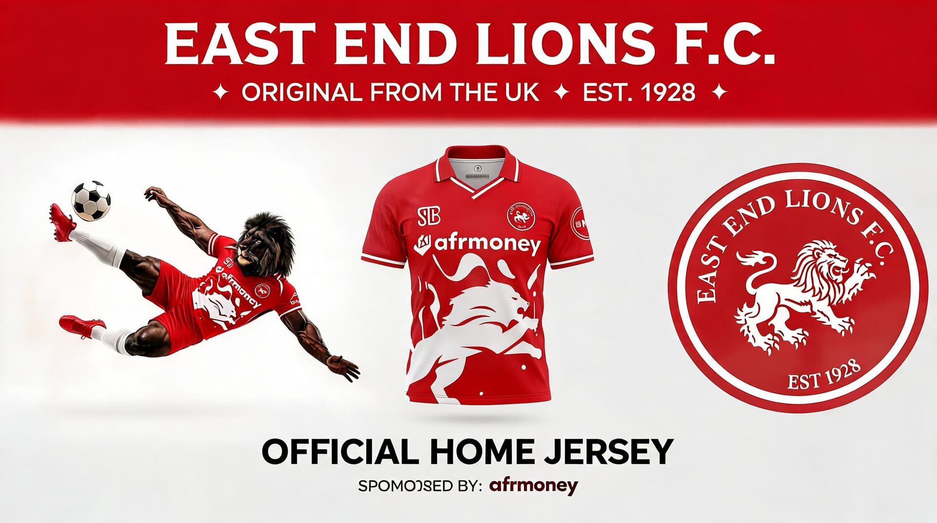 AI generated: 100% Original from the UK . East End Lions Jersey generate a promotional flyer for the jersey