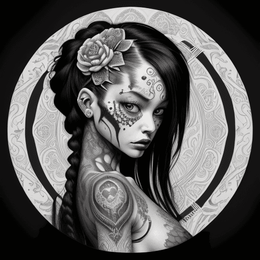 AI generated: tattooed female figurative painting by dora art, in the style of intricate black and white illustrat...