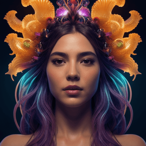 AI generated: Goddess close-up portrait ribcagel. jellyfish phoenix head, nautilus, orchid, skull, betta fish, bio...