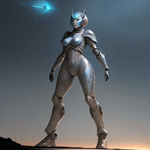 AI generated: Concept art of a armoured woman from year 2399.  standing on a far away planet,  a city in the dista...