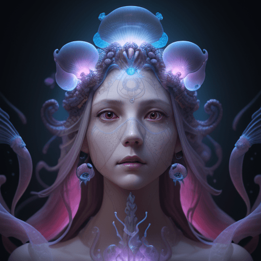 AI generated: Goddess close-up portrait ribcagel. jellyfish phoenix head, nautilus, orchid, skull, betta fish, bio...