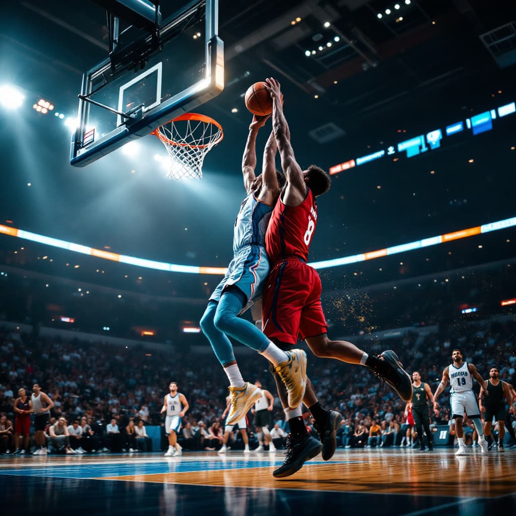 AI generated: "Partido intenso de baloncesto en una cancha bajo la luz de focos, jugadores saltando para un alley-...