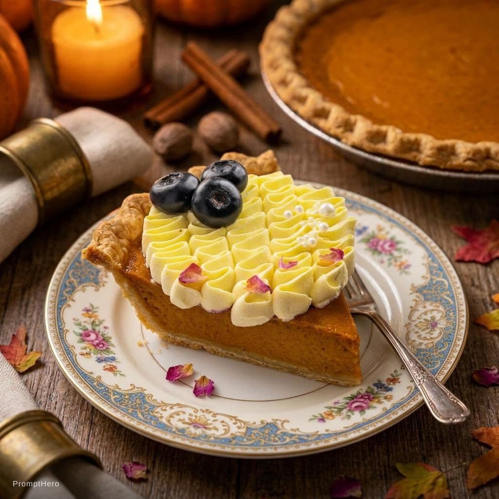 AI generated: october pumpkin pie, perfect slice of pumpkin pie with dollop of whipped
cream on vintage china pla...