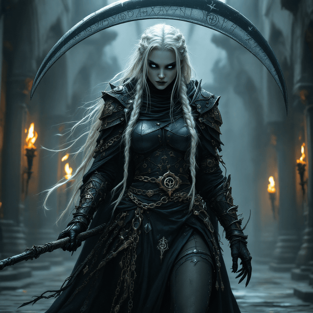 AI generated: The Scythe Bearer of the Shadow Court: A formidable warrior with long, braided platinum blonde hair,...