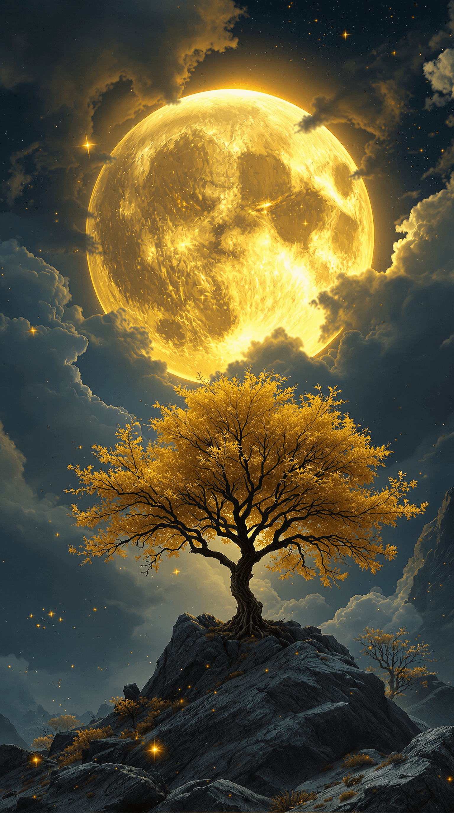 AI generated: (Hyper-detailed, Surreal fantasy landscape:1.5) A surreal, mesmerizing depiction of a massive golden...