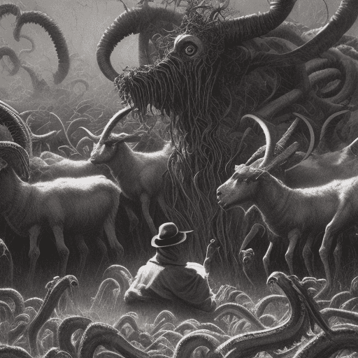 AI generated: Demonic shepherd surrounded by a flock of giant lovecraftian goats. The goats are devouring the land...