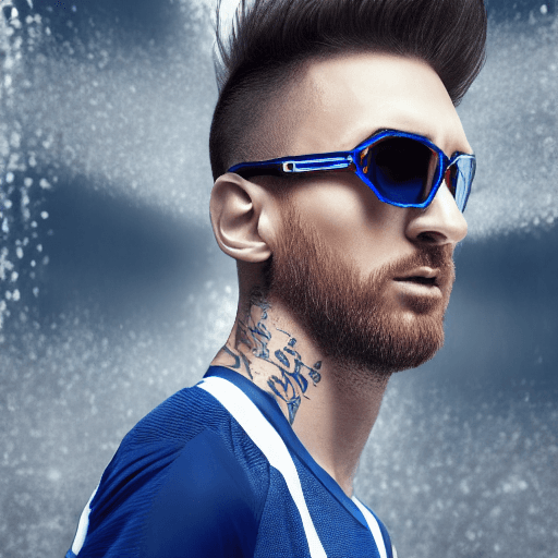 AI generated: Fashion shoot, collaboration between Lionel Messi and Moncler: futuristic dark blue translucent sung...
