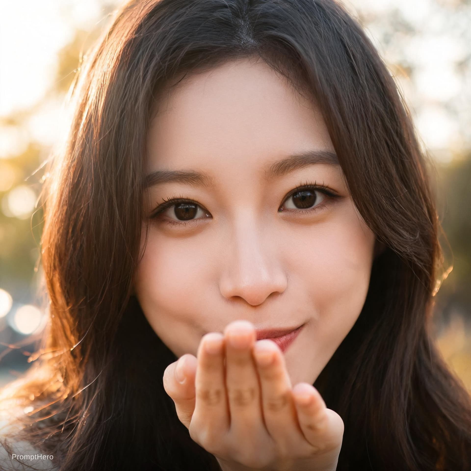 AI generated: she throws a kiss toward the camera looking into the soul of the persivere then 
