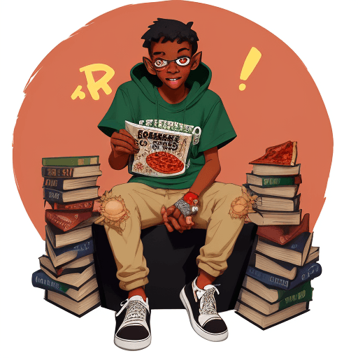 AI generated: character design, illustration style, a hip hop gargoyle, teenager, young, eating pepperoni pizza, w...