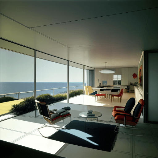AI generated: Hyper realistic eye level exterior photo of a mid century modern style house overlooking the ocean, ...