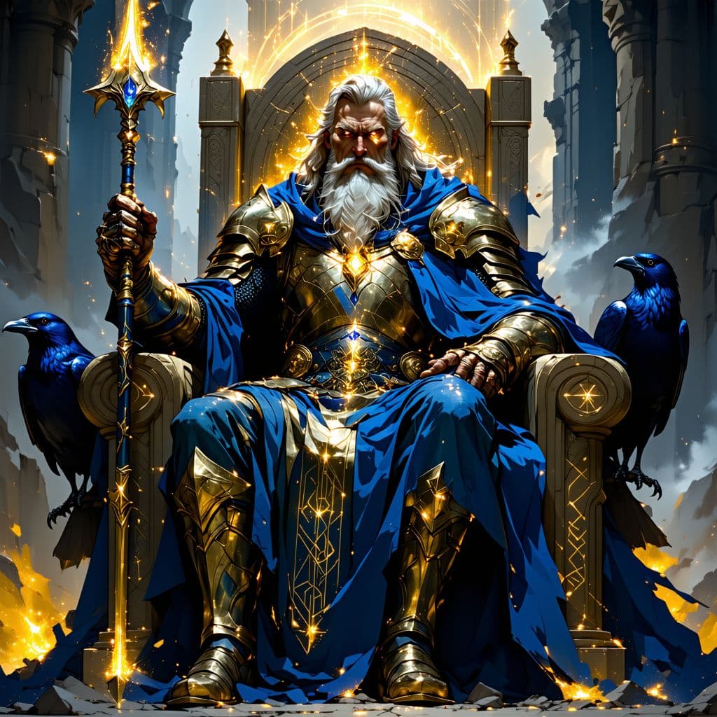 AI generated: A grand and majestic depiction of Odin, the Allfather of Norse mythology, seated on his towering gol...