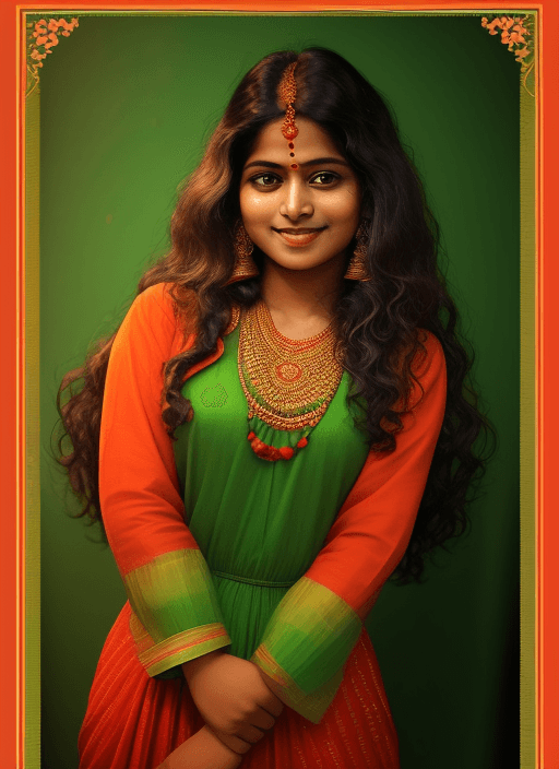 AI generated: A photo of a Bengali woman with long, wavy hair in the style of Indian fashion. She is wearing Green...