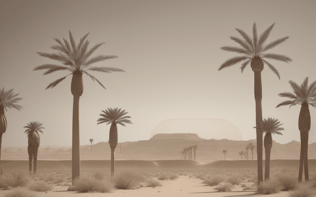 AI generated: Certainly! Here's a prompt for a description of a desert landscape with palm trees set against a dus...