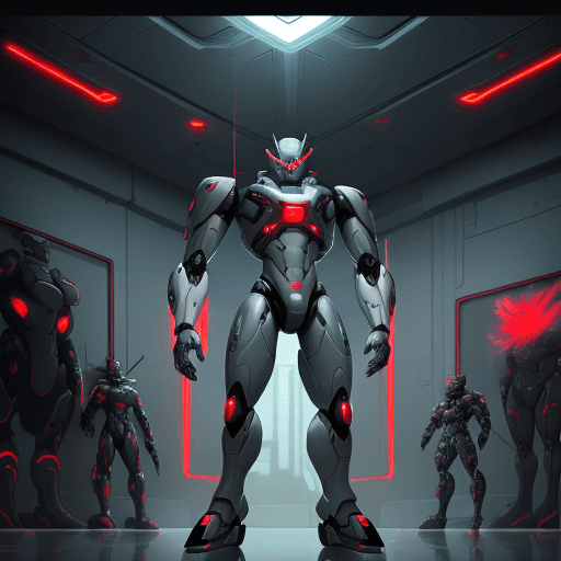 AI generated: Character concept art, grey metallic muscular robotic soldier, futuristic militant mech, glowing red...