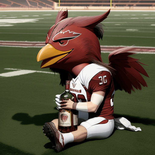AI generated: Arizona Cardinals  mascot bird sitting with a bottle of whiskey on a Arizona football field crying