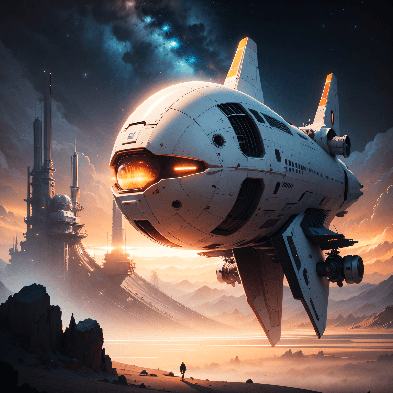 AI generated:  a futuristic space ship floating in the sky, a matte painting by Christopher Balaskas, cgsociety, s...
