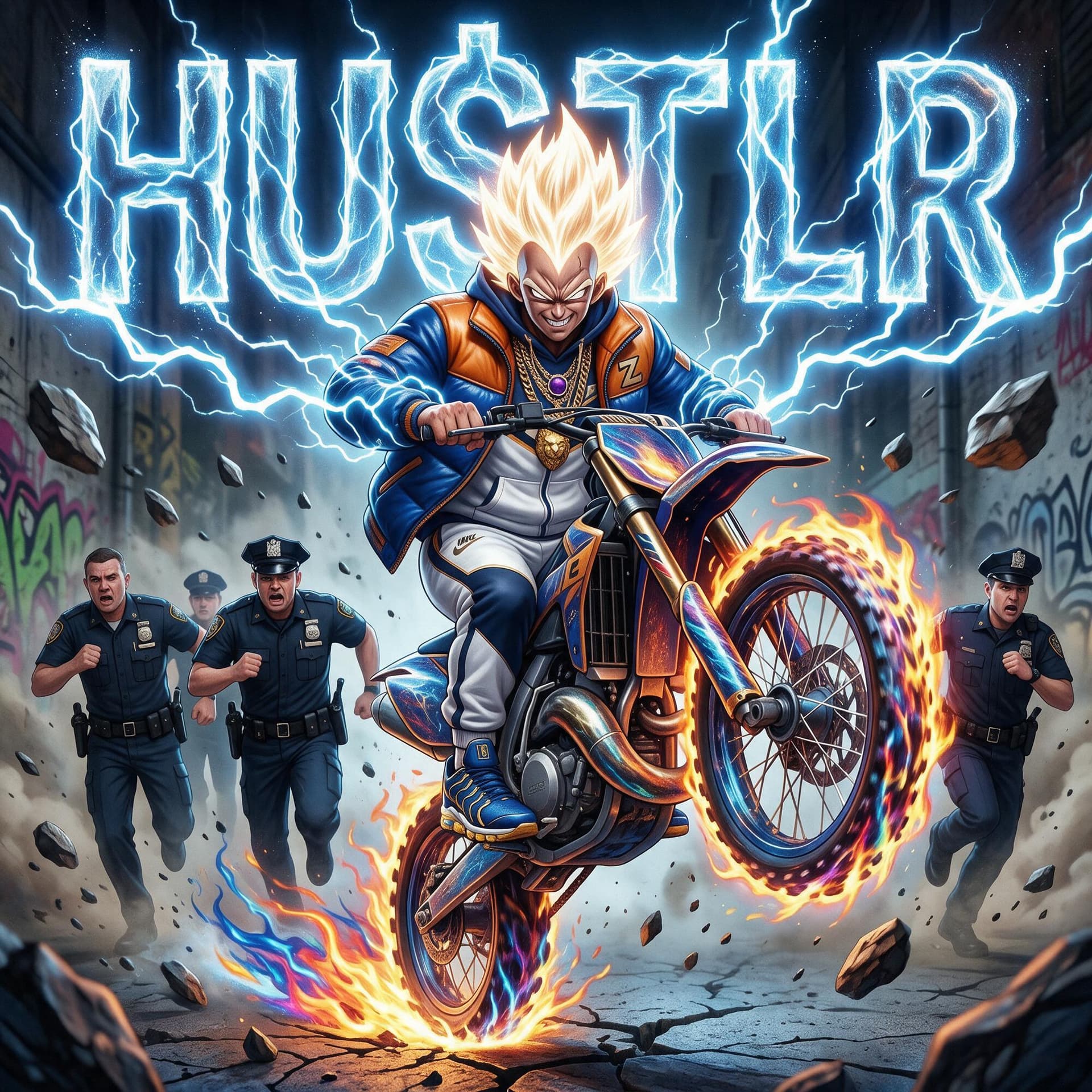 AI generated: POV front view of the bike racing towards us, full body 3d realistic illustration of an angry hip ho...