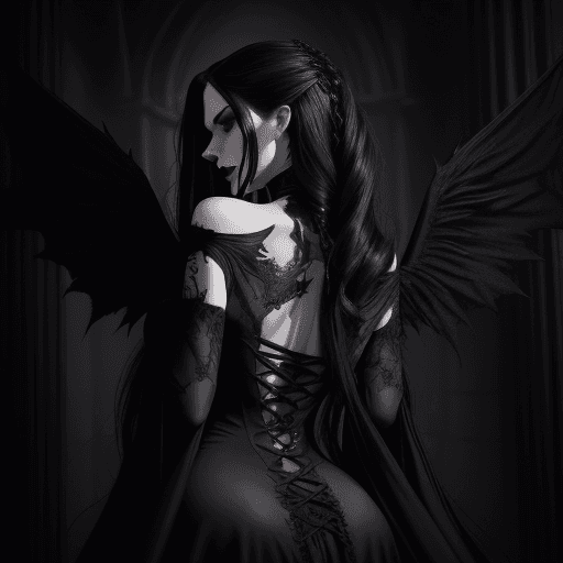 AI generated: a woman in a dark, gothic-inspired setting, with a focus on her striking appearance and attire. Her ...