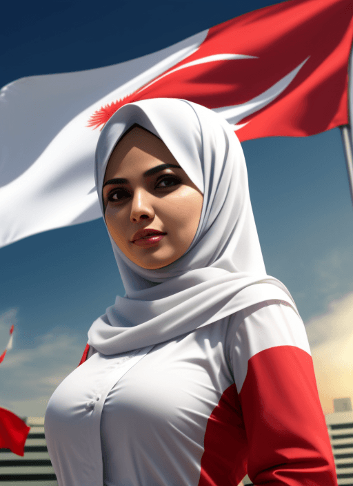 AI generated: Business Islamic woman in front of Indonesia flag