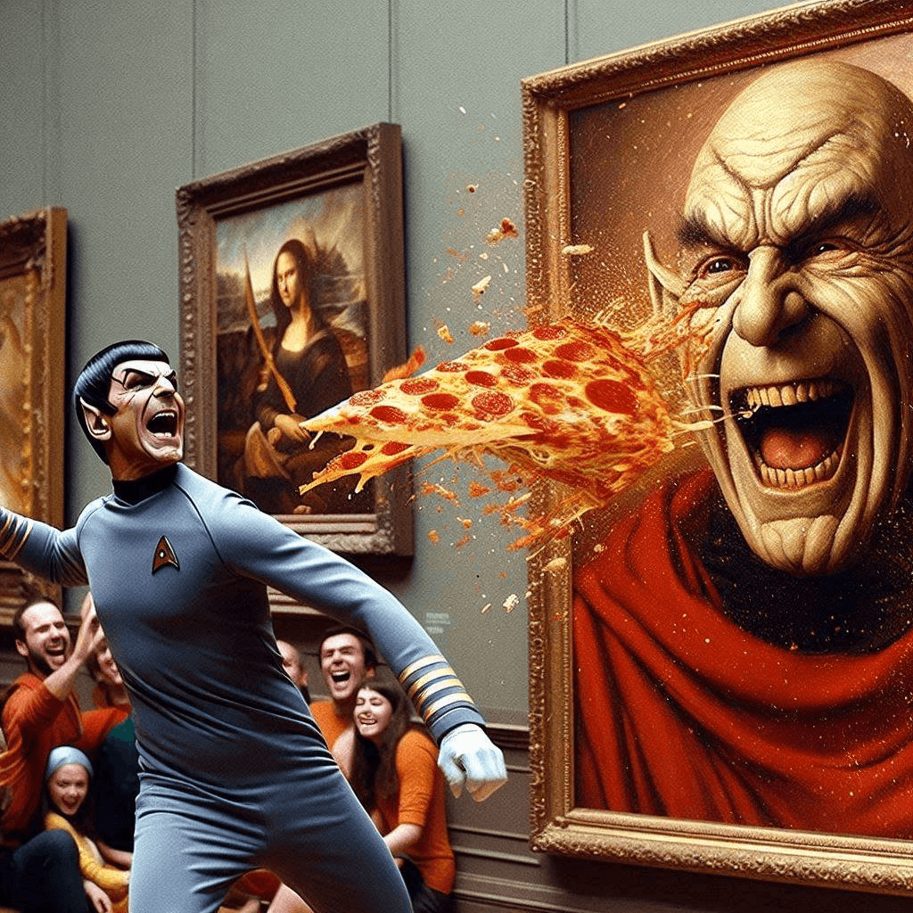 AI generated: Close-up professional cinematic photo of Spock throwing lasagna at an angry laughing painting in a m...
