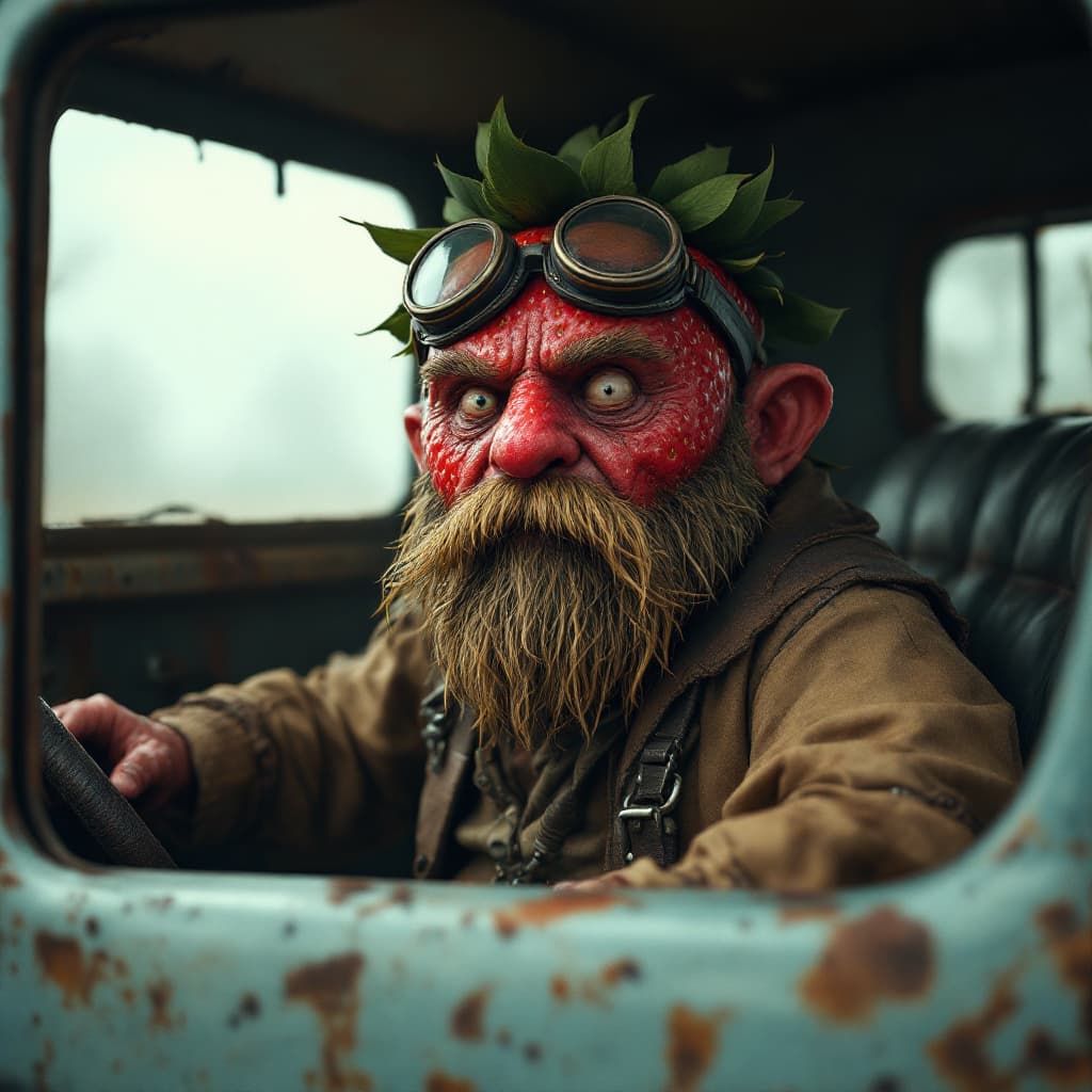 AI generated: A hyper-realistic anthropomorphic strawberry character with a rugged and aged appearance, wearing ol...