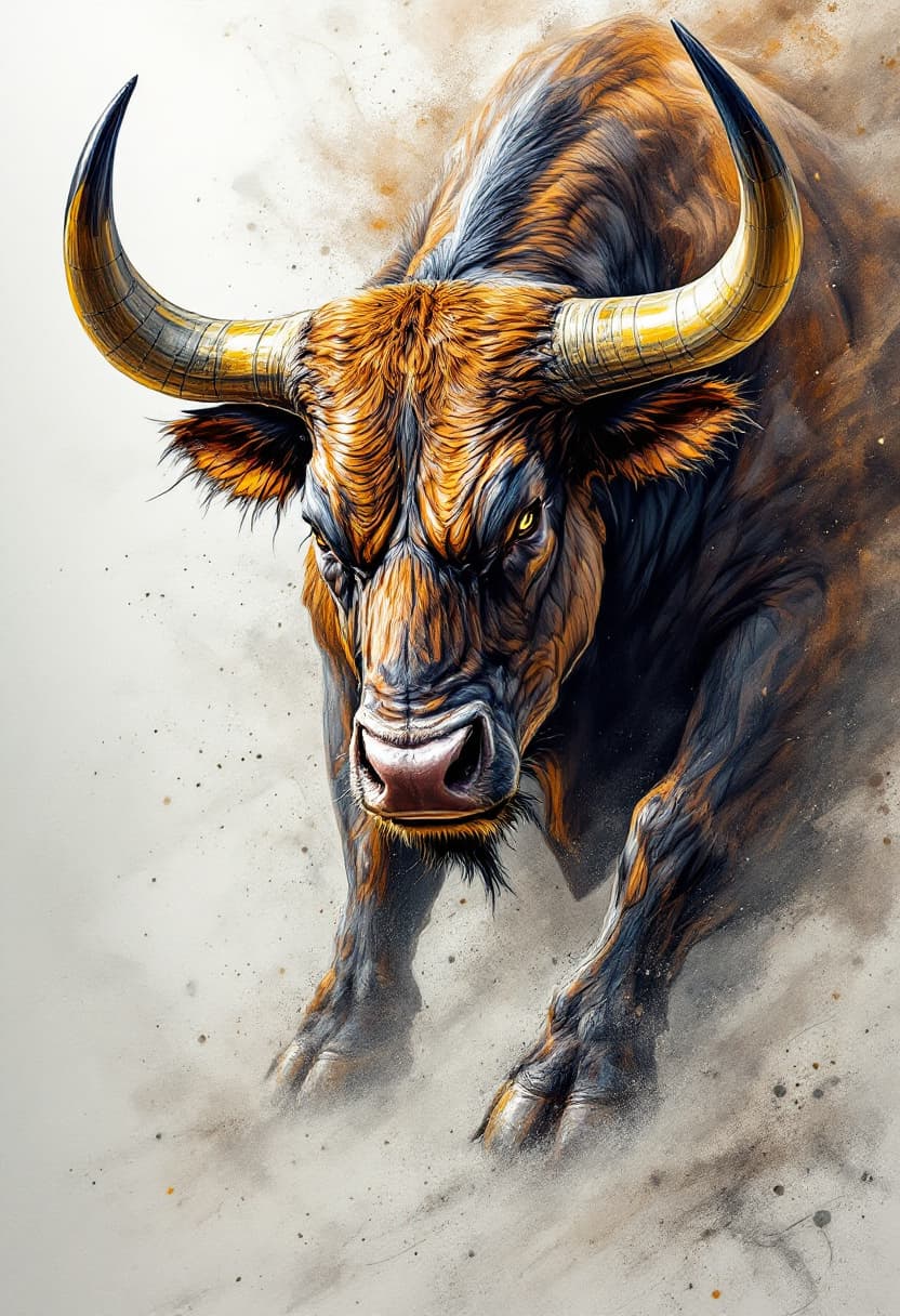 AI generated: AI-generated artwork Realistic detail, crisp, full body. Roaring bull. Bodybuilder build. Show off y...