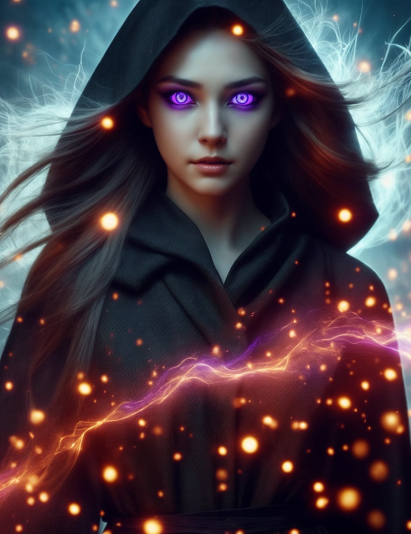 AI generated:  A robed beautiful young witch with glowing purple eyes walking towards the camera.  Bold lines, bat...
