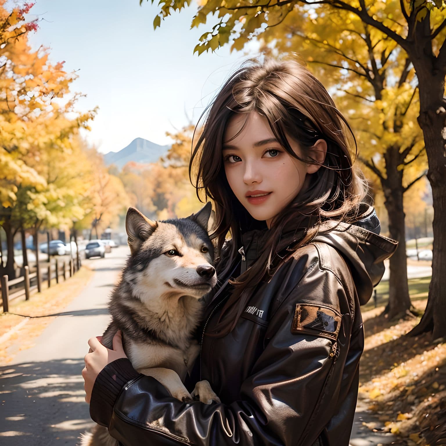 AI generated: A girl petting a little wolf,(outdoor,light smile,messy hair,brown hair,)Autumn landscape,girl looki...