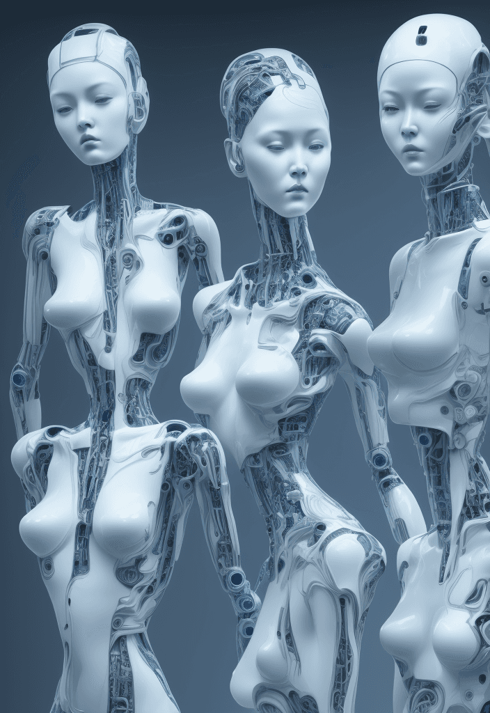 AI generated: Porcelain robot women, fine attention to anatomy, black, white, and florescent blue, relaxed, high d...