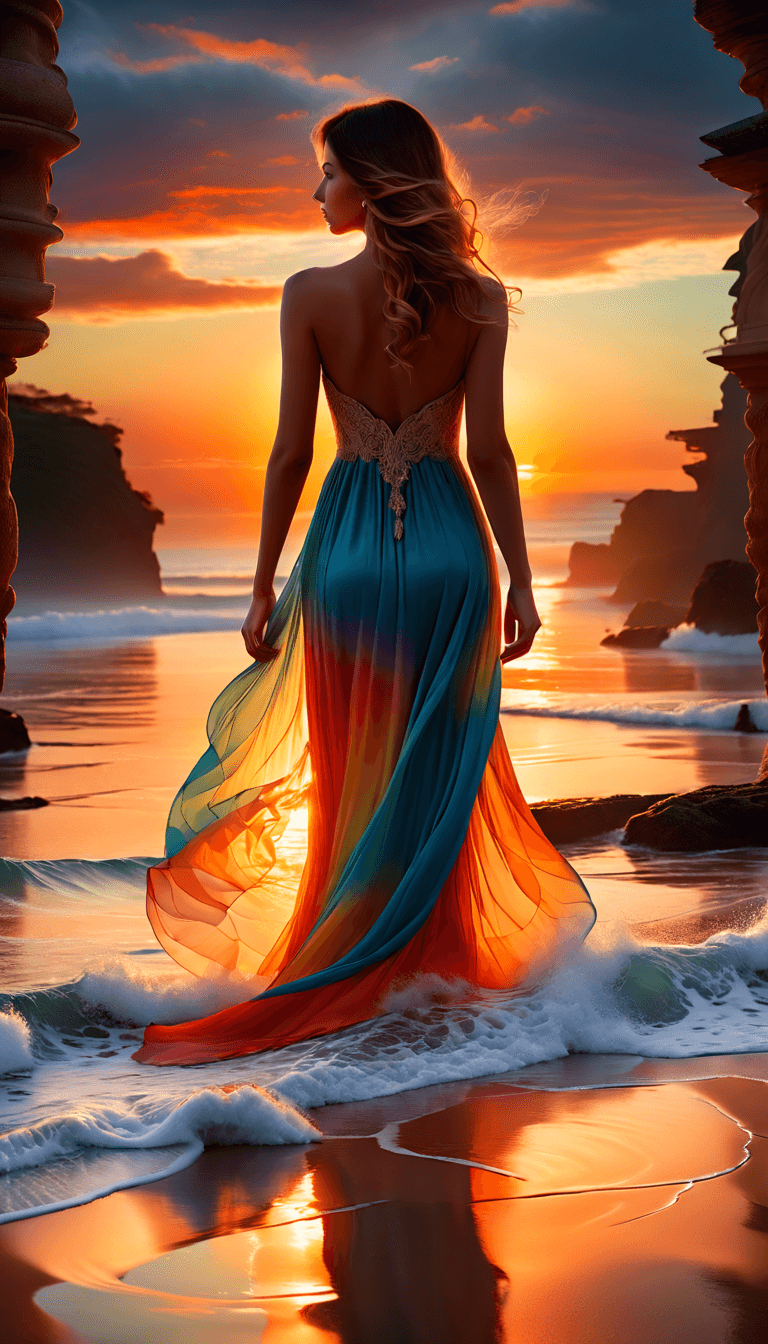 AI generated: The image features a woman standing in the beach, small waves, highly detailed, HRD CLoud, extreme w...