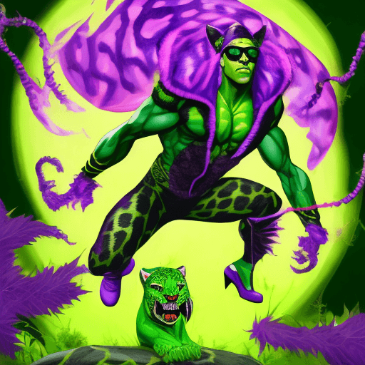 AI generated: Full body portrait of a muscular Leopard with purple witch hat and sunglasses and leather suit game ...