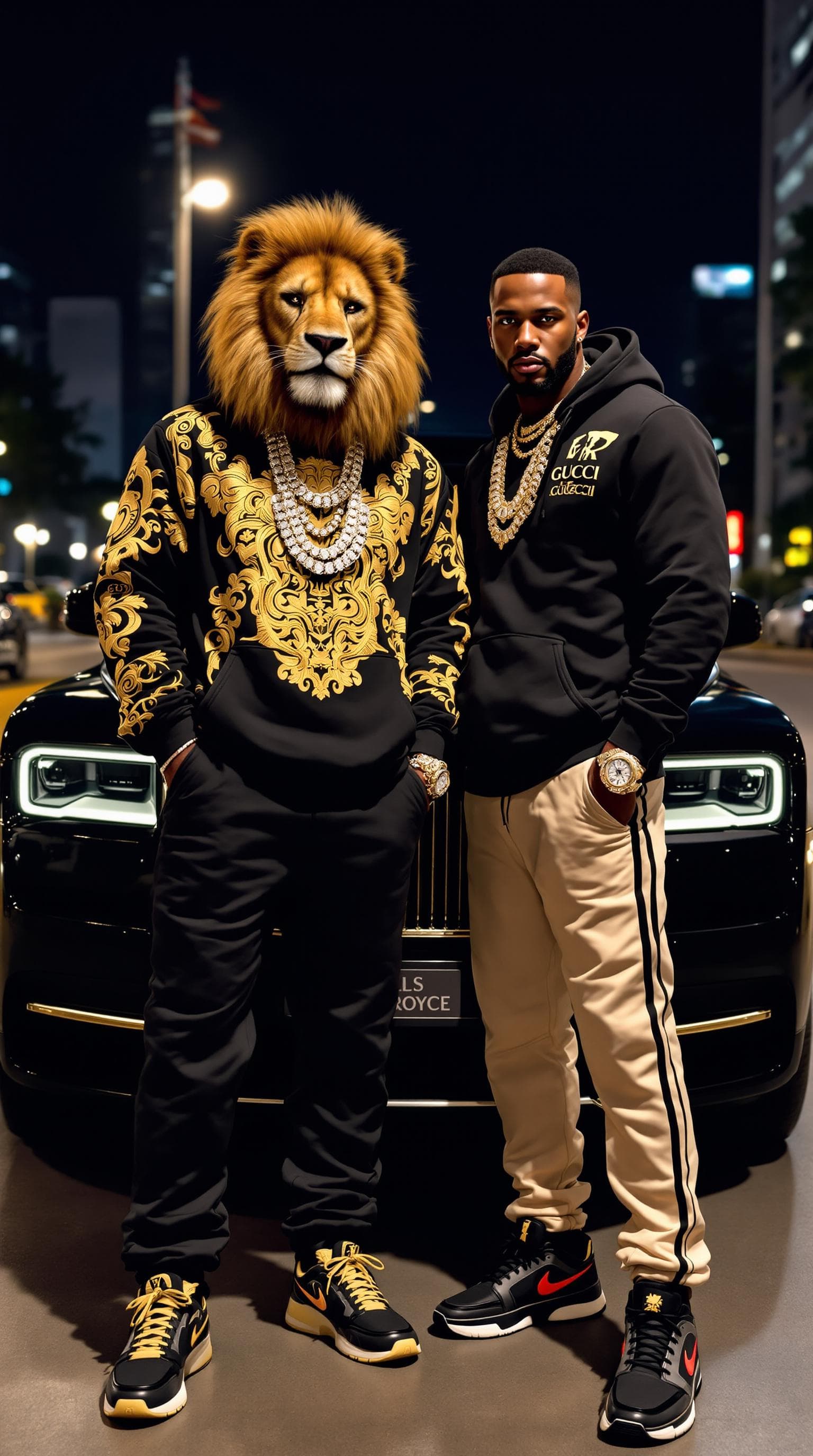 AI generated: Two men with the aura of ultra-rich African street hustlers, dressed in high-end urban fashion. The ...